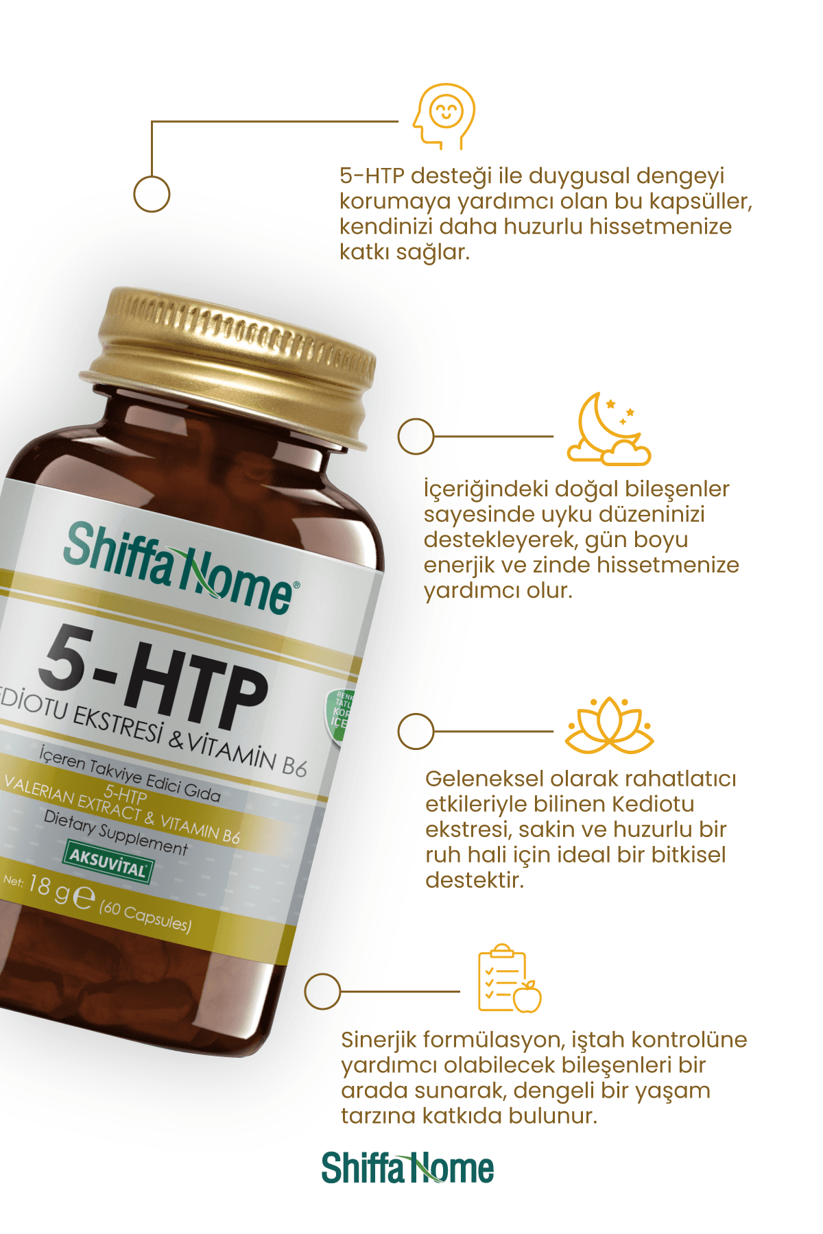 Shiffa Home 5-HTP Kediotu Ekstresi & Vitamin B6 60 Kapsül
